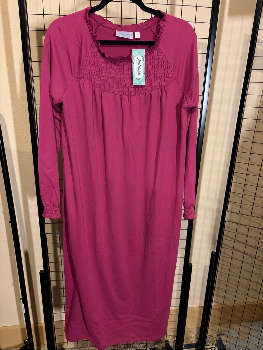 Magenta Smocked Yoke Long Sleeve Gown